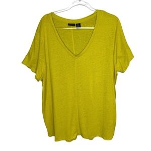 Tahari Size 2X Top 100% Linen Slub Jersey Knit  V- Neck Chartreuse Yellow Tee